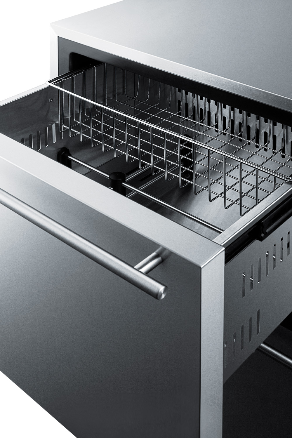 Built-in undercounter two-drawer all-freezer with frost-free operation, stainless steel construction, and panel-ready drawer fronts